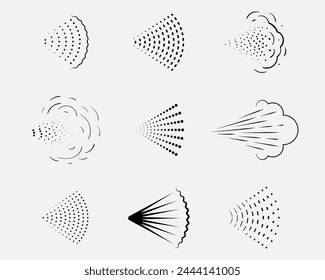 Spray icons set of aerosol or airbrush for water gas nozzle steam, perfume deodorant, graffiti paint. Sign shower drops, disinfection, cleaning.