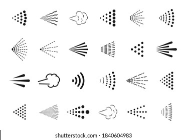 Spray icons set. Aerosol mist from water, paint, deodorant, hair spray. Steam cloud