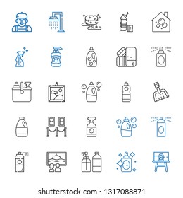 spray icons set. Collection of spray with canvas, perfume, paint spray, detergent, window cleaner, painting, dustpan, cleaning, pantone, shampoo. Editable and scalable icons.