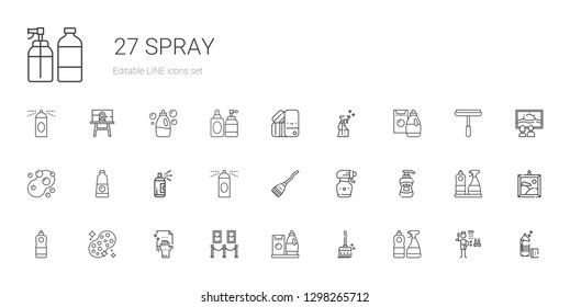 spray icons set. Collection of spray with window cleaner, broom, detergent, painting, cleaning, sponge, shampoo, spray bottle, hairspray, paint. Editable and scalable icons.