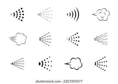 Spray Icons set. Spray steam icons. Spray with water, deodorant, perfume, aerosol, antiseptic and paint. Vector illustration.