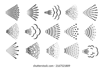 Spray Icons, Sprayer Aerosol Nozzle With Water Air Jet, Vector Line Symbols. Spray Or Sprinkle Stream Pictograms For Sanitizer Diffuser Or Atomizer Mist, Antiseptic Pulverizer And Deodorant Spraying