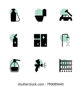 Spray icons. vector collection filled spray icons set.. includes symbols such as shower, paint spray gun, car body repair, shampoo. use for web, mobile and ui design.