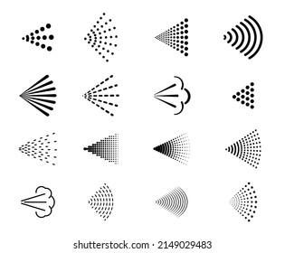 Spray icons of water air sprayer or aerosol nozzle jet, vector line symbols. Spray or sprinkle mist stream pictograms for sanitizer diffuser or atomizer, antiseptic pulverizer and deodorant spraying