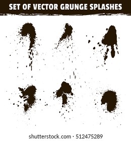 Spray ink blots collection. Set of vector grunge splashes of black paint isolated on white background. 