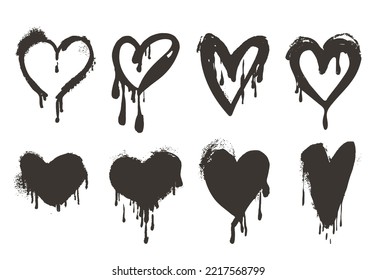 Spray ink hearts. Valentine day heart elements, ink graphic graffiti stains. Abstract paint love and romantic symbols, rough wedding neoteric vector decor