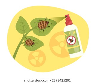 Spray in insects concept. Anti mosquito product. Bugs at leaves of plants and harvest. Farming and agriculture. Care about crop. Cartoon flat vector illustration isolated on white background