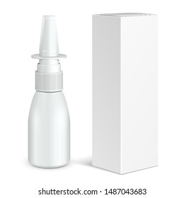 Spray Medical Nasal Antiseptic Drugs Plastic Bottle White With Box. Mock Up Ready For Your Design. Illustration Isolated On White Background. Vector EPS 10