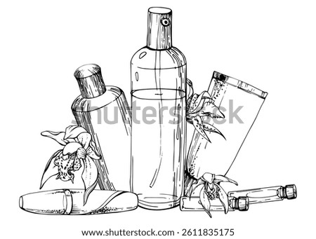 Spray mist bottle perfume cologne samplers, cream tube, bath gel shampoo, exotic orchid flowers. Line vector hand drawn ink sketch, isolated composition. Beauty parlor illustration, cosmetics shop.
