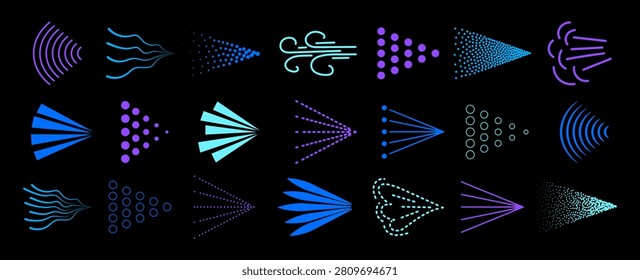 Spray mist icon pack isolated on black background. Blue spray steam icons. Fluid, air, aerosol cloud, nebulizer, steam spraying symbols set. Vector illustration