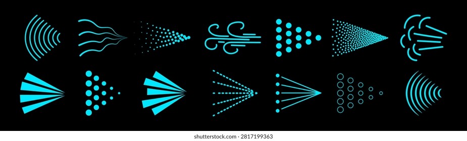 Spray mist icon pack isolated on black background. Spray steam icons. Fluid, air, aerosol cloud, nebulizer, steam spraying symbols set. Vector illustrations