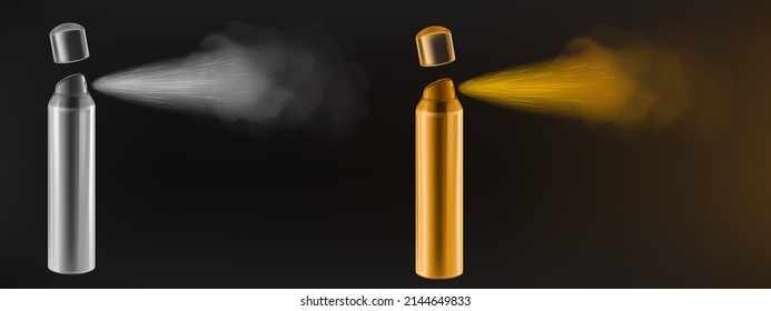 Spray, Mist Splash From Aerosol Bottle. Vector Realistic Illustration Of 3d Silver And Gold Atomizer Can With Jet Of Water, Deodorant, Insecticide Or Hairspray Isolated On Black Background