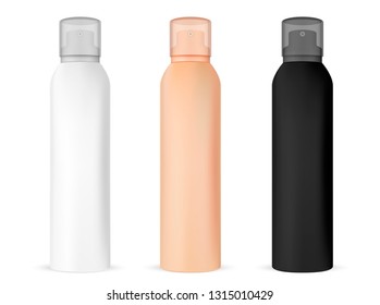 Spray Mockup Bottle. Aluminum Freshener Container. 3d Metal Hair Sprayer. Cosmetic Cylinder Realistic Packaging. Round Antiseptic Dispenser Tube. Deodorant Aerosol Template.