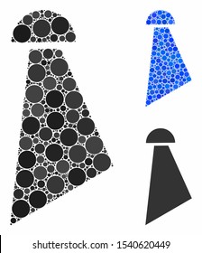 Spray mosaic of filled circles in various sizes and color hues, based on spray icon. Vector random circles are composed into blue mosaic. Dotted spray icon in usual and blue versions.