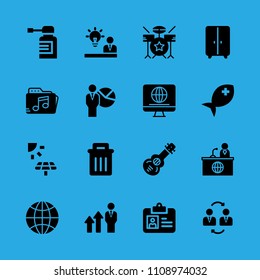 spray, music folder, fish, television, spanish guitar, presentation, id card, closet and idea vector icon. Simple icons set