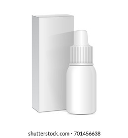 Spray Nasal or Eye Antiseptic Drugs. White Plastic Bottle With Box. Common Cold, Allergies. Vector Realistic Mock Up for your design