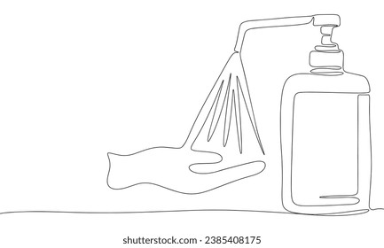 Spray on hand one line continuous art. Line art antibacterial soap. Hand drawn vector art. 