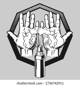 Pulverizar sobre dos palmas humanas para protegerlas contra virus y bacterias. Icono de precaución. Ilustración vectorial en estilo vintage, grabado Aislado en un fondo blanco.