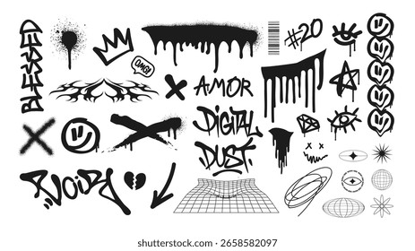 Elementos de grafite de vetor abstratos de tinta de pulverização em vetor isolado em fundo branco. Marcas, Linhas e Conjunto de Gotejamento.	