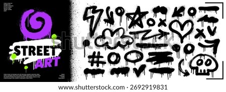 Spray Paint Arrow and Blots Icon Set with Graffiti Splatter and Drip Texture for Urban Art. Vector graffiti collection with heart, cloud, skull and dirty muddy shapes. Dynamic splatter, drip textures.