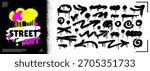 Spray paint arrow and splatter set with grunge drip texture for urban street art posters. Urban street art poster or background template. Graffiti vector stains, strokes, and aerosol bold elements.
