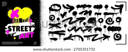Spray paint arrow and splatter set with grunge drip texture for urban street art posters. Urban street art poster or background template. Graffiti vector stains, strokes, and aerosol bold elements.
