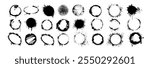 Spray paint black circle, oval shapes with drips, ink splatters in street style. Vector set of urban graffiti rounds, grunge dots. Airbrush ring design elements, inky circular borders, stencil frames