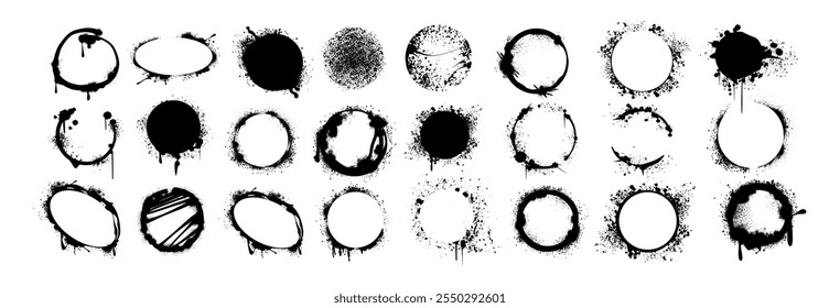 Spray paint black circle, oval shapes with drips, ink splatters in street style. Vector set of urban graffiti rounds, grunge dots. Airbrush ring design elements, inky circular borders, stencil frames