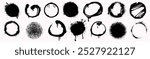 Spray paint black circles with drips, blots and ink splatters in street style. Vector set of urban graffiti rounds, sprayed ring design elements or inky circular borders isolated on white background.