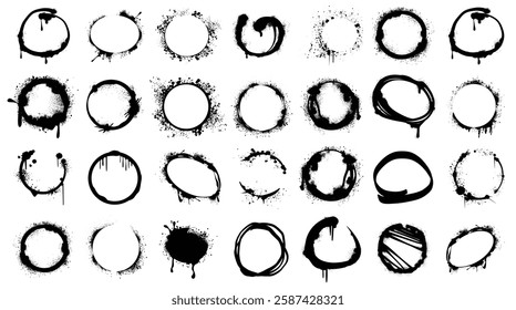 Spray paint black circles with drips, blots and ink splatters in street style. Vector set of urban graffiti rounds, sprayed ring design elements or inky circular borders isolated on white background.