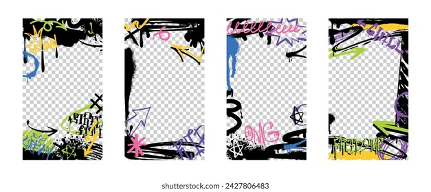 Spray paint borders or frames with graffiti color tags and urban elements with ink drips. Vector set of covers with abstract street art decoration, arrows and icons isolated on transparent background.