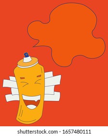 Spray paint can character laughing. Graffiti paint. Card or poster template with speech bubble and place for text. Flat style vector illustration with outline in blue, orange, yellow and black