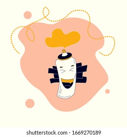 Spray paint can laughing. Smiling caracter icon. Concept of emotions. Trendy flat style with curved dotted lines. Vector illustration for emoji, stickers and any other purpose. Trendy colors