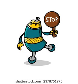 The spray paint character of the can is holding a stop sign. cute vector design