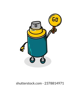 The spray paint character of the can holds the go sign. cute vector design