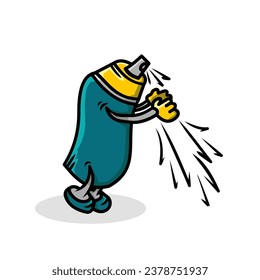 The spray paint character of the can is spraying the paint down. cute vector design