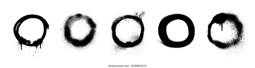 Spray paint circle collection with different graffiti effect styles. Black stencil rings with dripping and splattered, rough, solid and faded edge texture. Street art elements for urban designs.