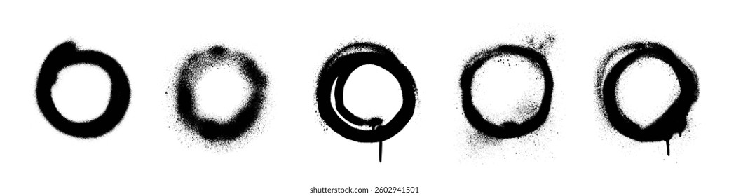 Spray paint circle collection - graffiti style rings. black circular forms with different splatter effects, droplets and texture. Raw urban street art elements for design projects or typography.
