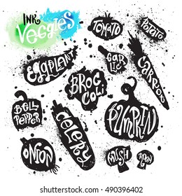 Spray paint collection of ink splatter vegetables silhouette illustrations  with handwritten lettering on each vegetable with its name