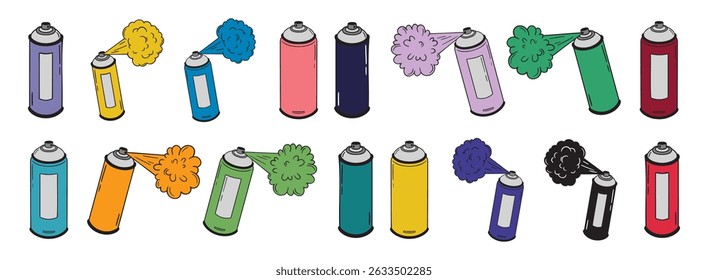 spray paint colorful can doodle hand drawn icon set. Outline drawing spray paint can different colors line clipart symbol collection. Vector illustration