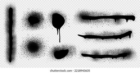 Spray paint drips and lines, black ink splatters, brush stains with graffiti effect. inky blots in urban street style, blobs or stripes. Design elements isolated on transparent background, Vector set