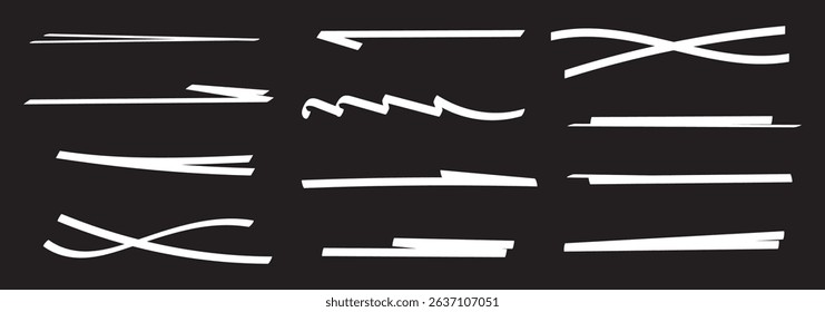 Spray paint drips and lines, white ink splatters, brush stains with graffiti effect. Select the brush lines. Marker color stroke, brush pen hand drawn underline isolated on transparent background.