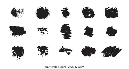 Spray paint drips and spots, ink splatters, brush stains grunge effect. Brush black stencil collection set. Marker highlight stroke, brush pen hand drawn underline isolated on transparent background. 