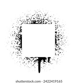 Spray paint frame with splatters and drips. Grunge square stencil. Graffiti street art. Airbrush texture banner. Abstract vector black white illustration.