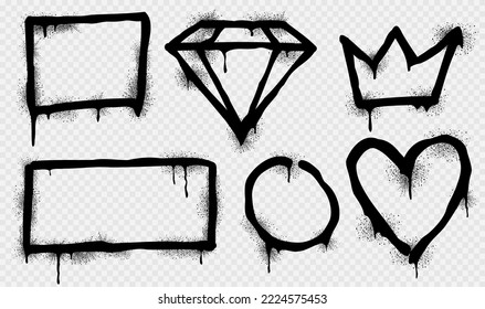 Spray paint frames, black brush graffiti borders square, round, diamond, heart, crown and rectangular shapes. Grunge airbrush drawing, inky contour forms with splashes, smudges isolated Vector set