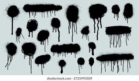 Spray Farbe Graffiti Flecken, Punkte, Tinte Spritzer Set. Kreise mit Tropfen, Sprüheffekt für urbanes Street Art Design. Handgezeichnete raue Tintenspritzer mit Kornstruktur, kleine Farbkleckse, Vektorgrafik-Kollektion