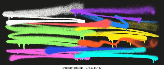Spray paint graffiti brush strokes and splatter drips set. Abstract grunge ink texture lines and shapes. Urban street art vector collection isolated on black background