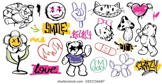 Spray paint graffiti element set of bears, flower, heart, mushroom, cat, skull, plaster and cool gesture. Grunge ink graphic symbols and color street art tags isolated on white background.