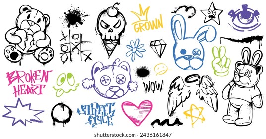 Spray paint graffiti element set of bear, rabbit, heart, skull, angel wings, eye, stars, tic tac toe and cool gesture. Grunge ink graphic symbols and color street art tags isolated on white background