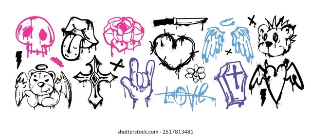 Spray paint graffiti element set. Street art of ink bear face, heart barbed wire, open mouth with tongue, religious cross, skull icon, pink rose flower. Grunge stickers, hand gesture, urban lettering